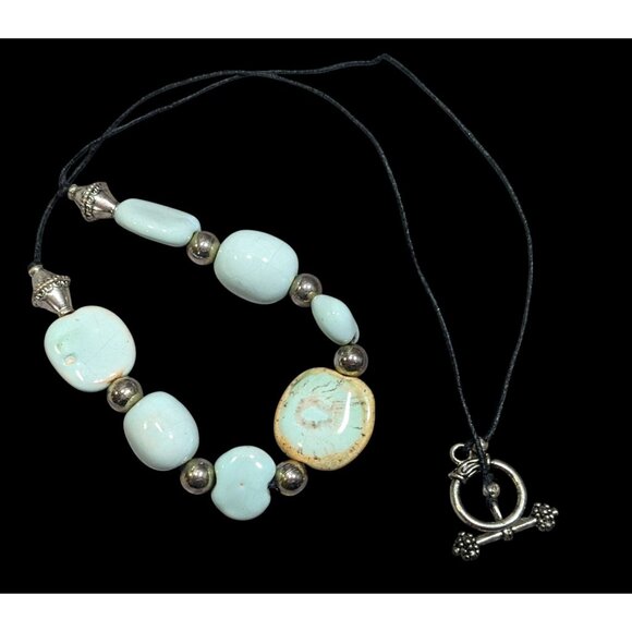 Handmade Light Blue Ceramic Beaded Necklace With Silver Tone Accents - Picture 1 of 8